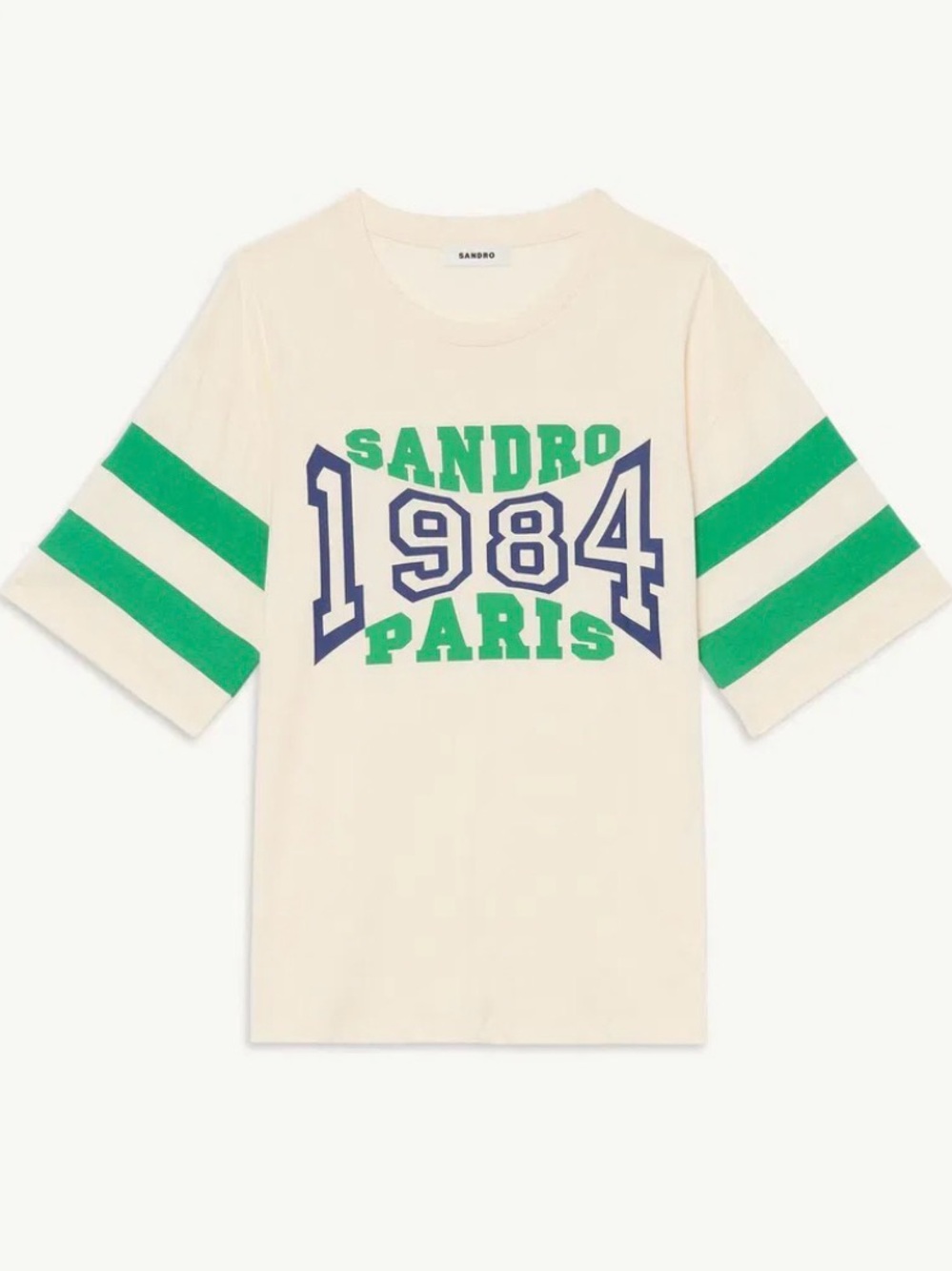 Sandro Cream Short Sleeve Tee with Green & Blue 1984 Graphic